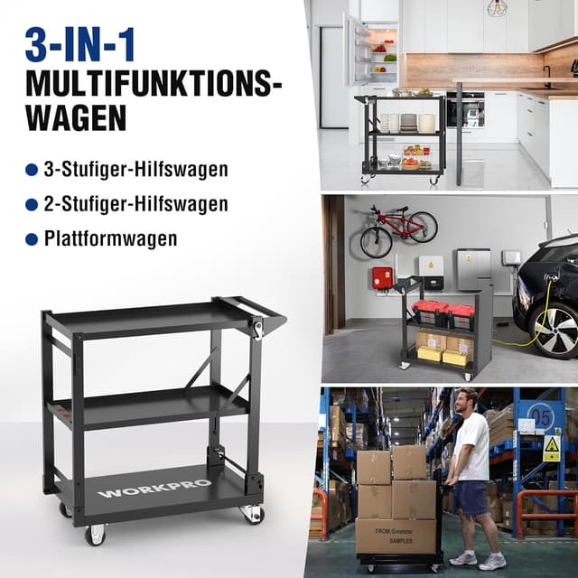 Detalle 2 de WORKPRO Servierwagen 3-in-1 klappbar – Rollwagen mit 3 Etagen für Küche, Werkstatt & Galerie