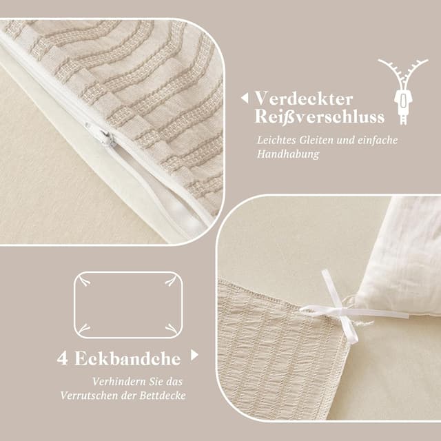 Detalle de SOULFUL Bettwäsche-Set 135x200 aus Baumwolle (gestreift, Jacquard) – beige mit OEKO-TEX 100