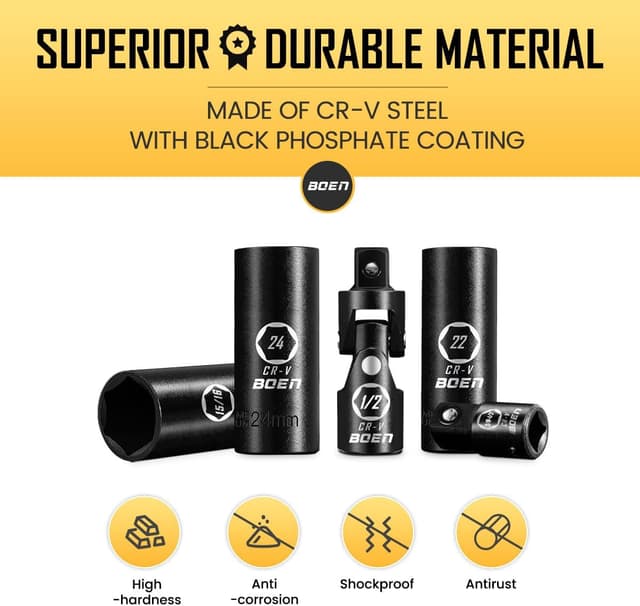 Detalle 2 de BOEN 35-Piece 1/2" Drive Deep Impact Socket Set (SAE 3/8"–1-1/4" & Metric 8–24mm)