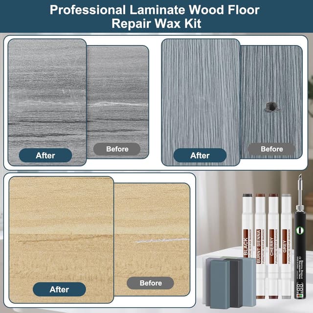 Detalle 2 de Set di riparazione per pavimenti in vinile, laminato e parquet grigio con 11 blocchi di cera e penna termica USB