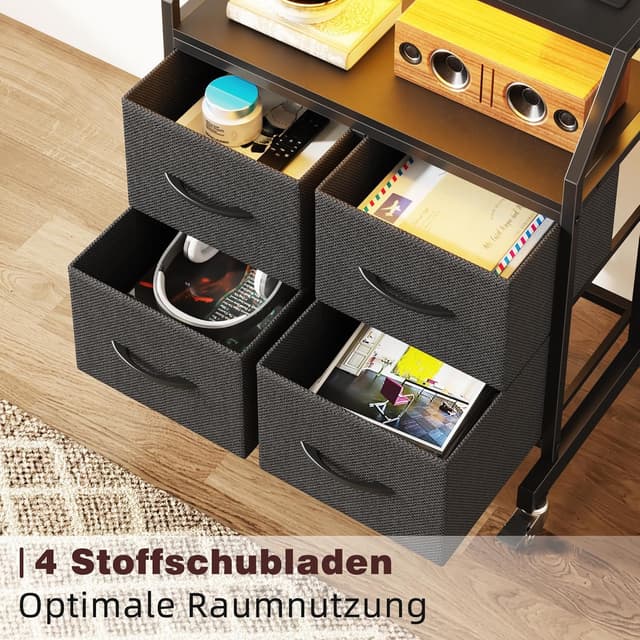 Detalle 2 de OYRREU TV-Ständer mit LED, Rollen, 4 Schubladen und höhenverstellbarer Halterung (bis 75 Zoll, 65 kg) – Schwarz