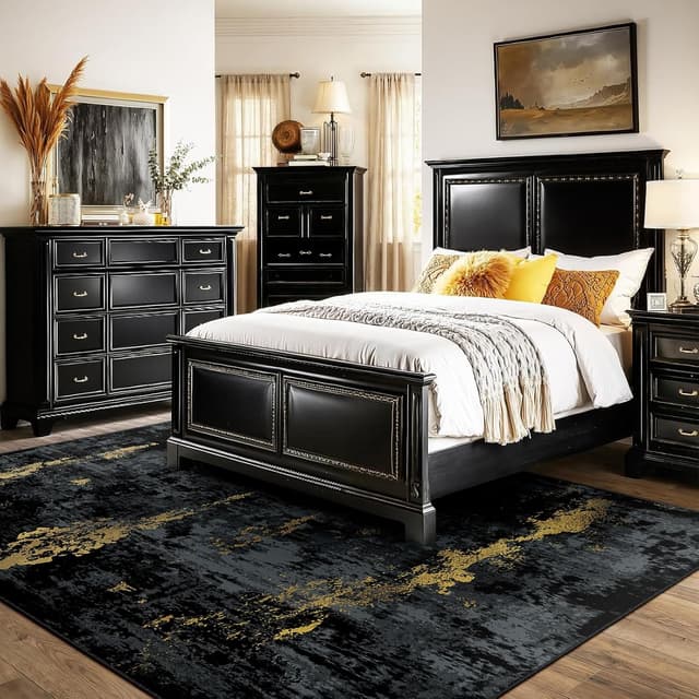 Detalle 2 de RELEANY Washable Area Rug 5'x7' Non-Slip Modern Abstract (Dark Black Gold)