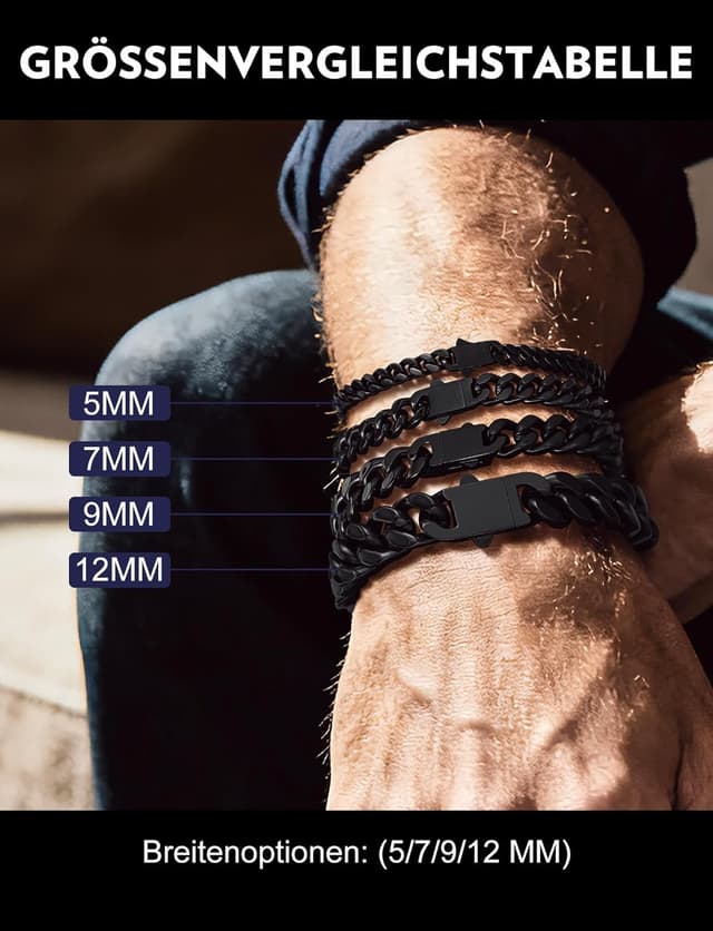 Detalle 2 de Bandmax Panzerarmband Herren aus 316L-Edelstahl, 9 mm Miami/„Kubanische“ Kettengliederarmband – schwarz