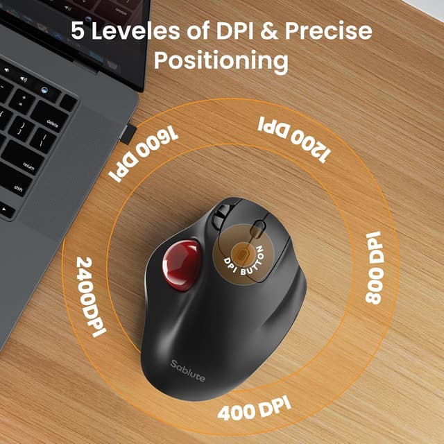 Detalle de SABLUTE MAM2 Wireless Trackball Mouse (Rechargeable, Bluetooth + USB, for up to 3 devices)