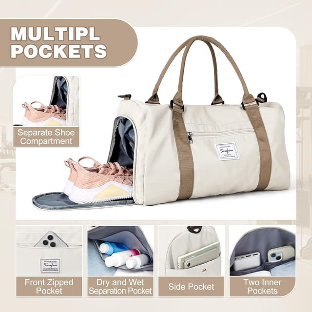 Detalle 2 de WEPLAN waterproof sports gym bag with separate shoe compartment (beige brown)