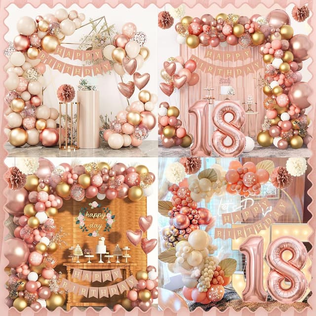 Detalle de Decoration Anniversaire 18 Ans Fille : ballon or rose, arche et bannière « Joyeux Anniversaire »