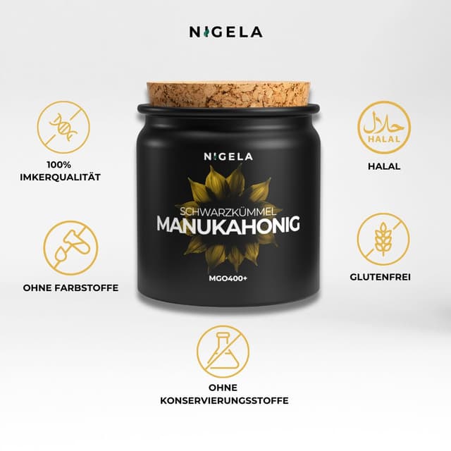 Detalle de Nigela Manuka Honig MGO 400+ mit Schwarzkümmelöl – zertifizierter & laborgeprüfter Manukahonig aus Neuseeland