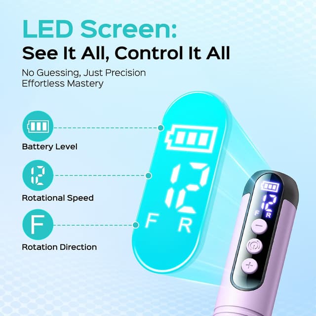 Detalle 2 de COSLUS C50 Cordless Electric Nail Drill (12-Speed) with LED Display, Purple