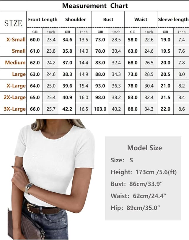 Detalle 2 de Aottori Damen T-Shirt Rundhals – geripptes Basic Slim Fit mit Stretch für Sommer & Alltag