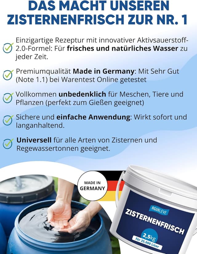 Detalle 2 de AGUALEVE® Zisternenfrisch 2,5 kg Granulat für Zisternen & Regenwassertonnen – hält Regenwasser frisch & rein