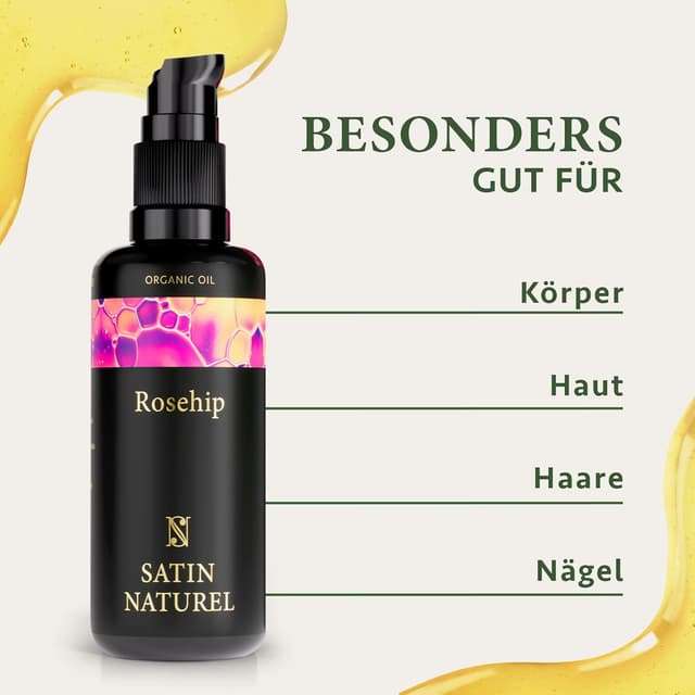 Detalle de Satin Naturel BIO Hagebuttenöl (Rosa Canina), 100 ml – kaltgepresstes Gesichts-, Körper-, Massage- und Haaröl