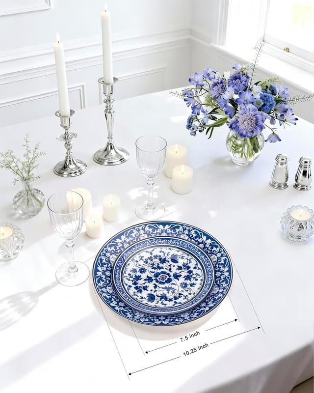 Detalle 2 de Hioasis 60pcs Blue Plastic Plates Set (Blue & White Floral Porcelain Design) - 10.25" Dinner & 7.5" Dessert Plates