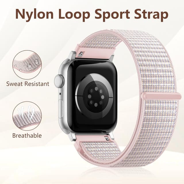 Detalle de CeMiKa Nylon Loop Strap for Apple Watch (40mm/41mm/38mm/42mm) – Pink Sand soft breathable sports band