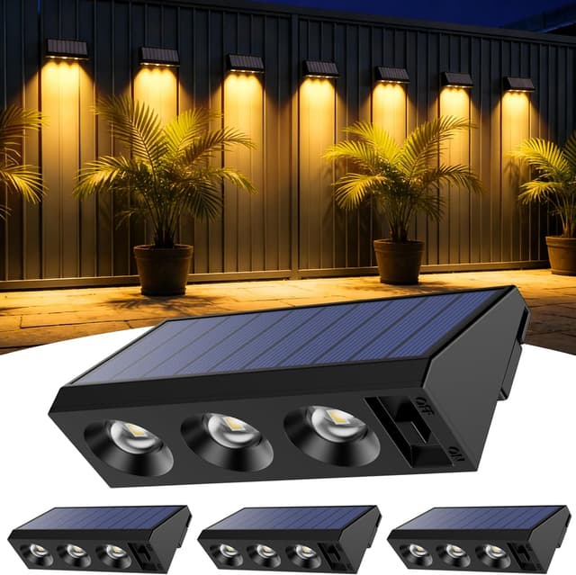 Detalle de Wudyfei Solar Fence Lights Outdoor (4 Pack) with 3LED and 3 Convex Lenses, IP65 waterproof solar wall lights