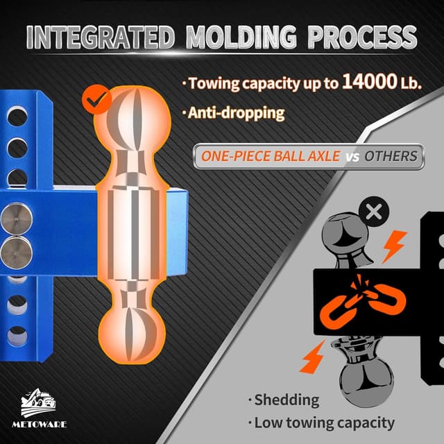 Detalle de METOWARE Adjustable Trailer Hitch (Aluminum) for 2-Inch Receiver, 6-Inch Drop/Rise, Dual Ball, 14,000 lbs GTW