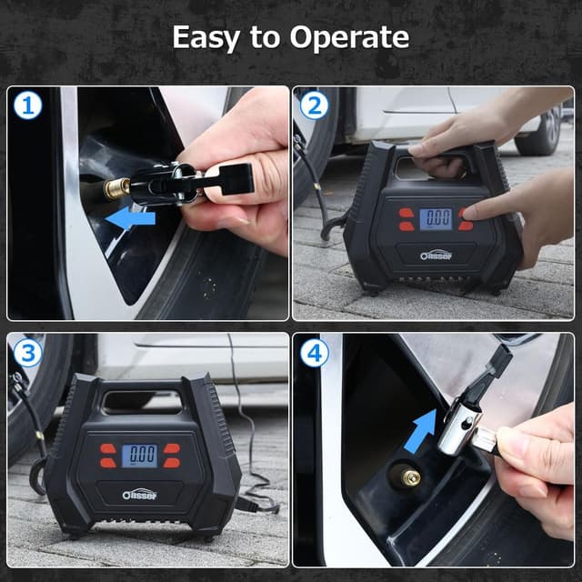 Detalle de Oasser Tyre Inflator Air Compressor 150 PSI (12V car/240V mains) with LED light and 5 nozzle adaptors