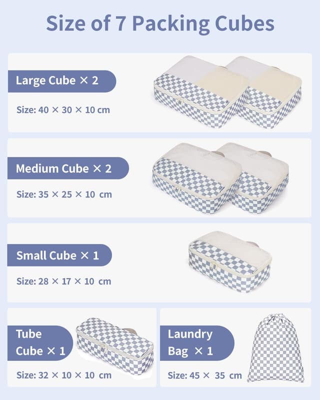 Detalle 2 de Narwey 7-teilige Koffer-Organizer Set (Checker Graublau) für Handgepäck & Rucksack