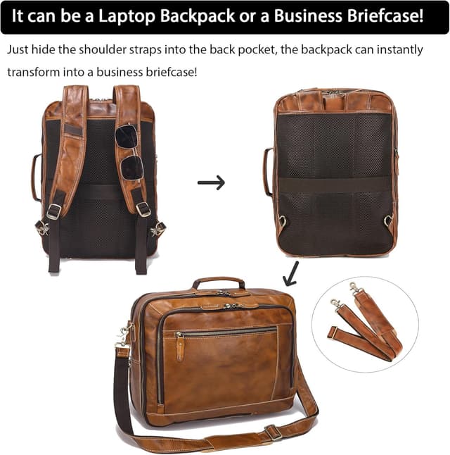 Detalle 2 de LANNSYNE vintage genuine leather backpack (expandable, 2 in 1 briefcase) for a 17” laptop