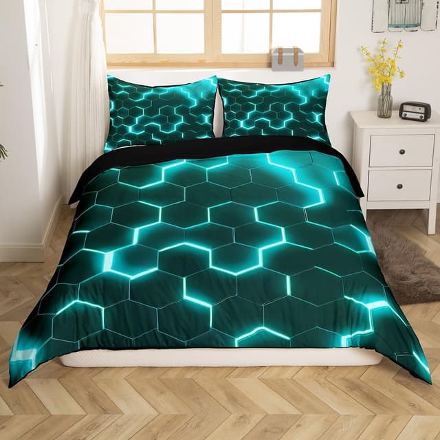 Detalle de Homewish Teal Black King Neon Turquoise Geometric Honeycomb Reversible Duvet Cover Set