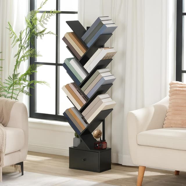 Detalle de HOOBRO Scaffale a forma di albero EBK18SJ01G1, libreria vintage a 9 livelli con porta-CD e cassetto