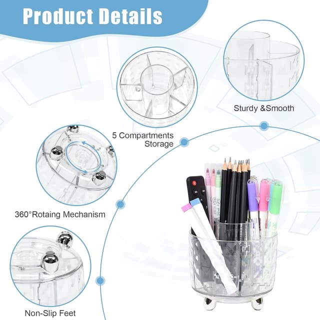 Detalle de Elezeal 360° Rotating Pen & Makeup Brush Holder with 6 Slots and Anti-slip Base