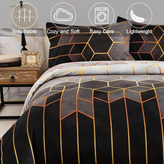 Detalle de DJY Geometric Diamond duvet cover set in soft microfiber (Golden stripes, reversible) – Double