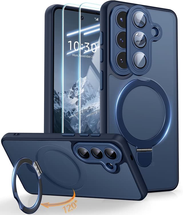 Detalle de JAME for Samsung Galaxy S26 Case with 2-Pack Screen Protector, Magnetic Stand & Full Camera Protection (Navy Blue)