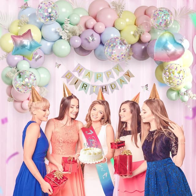 Detalle de Pastel Birthday Decorations set with Happy Birthday banner, macaron rainbow latex balloons and cake topper