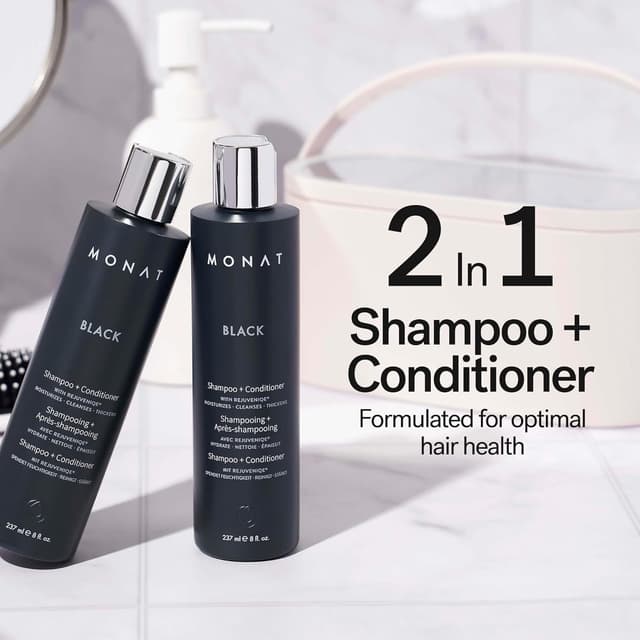 Detalle de MONAT Black Shampoo + Conditioner 2-in-1 (All Hair Types) — Cleanses, Conditions, and Helps Support Stronger-Looking Hair, 8.0 fl oz