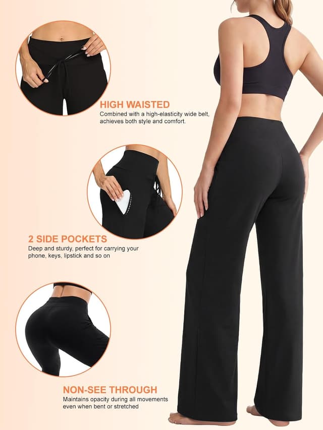 Detalle de DDOBB women’s wide-leg yoga pants with pockets, high waist stretch and tummy control