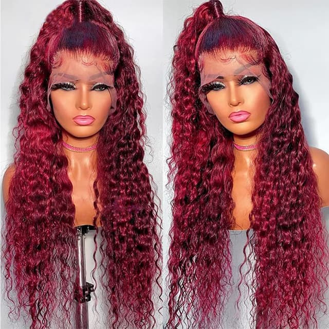 Detalle 2 de UTracycoy 99j Burgundy 13x6 Deep Wave Human Hair Lace Front Wig (180% density)