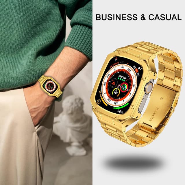 Detalle de BAITEYOU Stainless Steel Watch Band with Case for Apple Watch Ultra 1/2/3 (49mm) – Rugged Metal Bumper Strap (Gold)