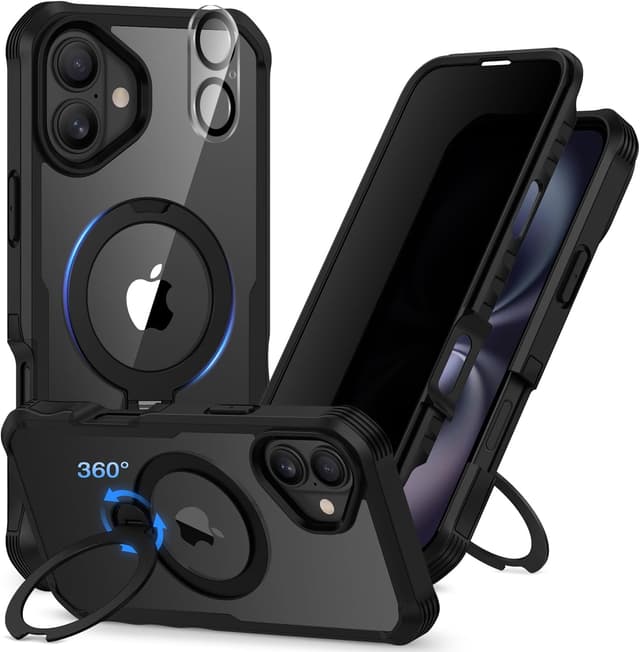 Detalle de CENHUFO iPhone 16 case with built-in privacy screen, 360° magnetic ring kickstand and camera lens protector (clear back, black)