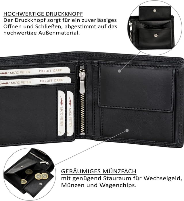 Detalle 2 de Marc Peter® Hanover Herren-Geldbörse aus echtem Leder mit RFID-Schutz, Schwarz (Nappa) – 12 x 9,5 x 2 cm
