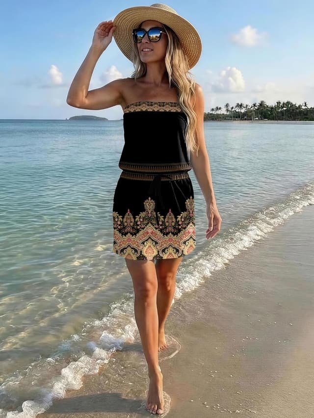 Detalle de Women’s Strapless Summer Dress Boho Beach Cover-Up with Drawstring Waist and Pockets