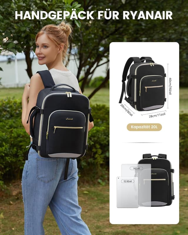 Detalle de LOVEVOOK Ryanair Handgepäck 40x30x20 Rucksack als Cabin Bag (Laptopfach bis 13,3 Zoll) – Eurowings/Wizz & mehr