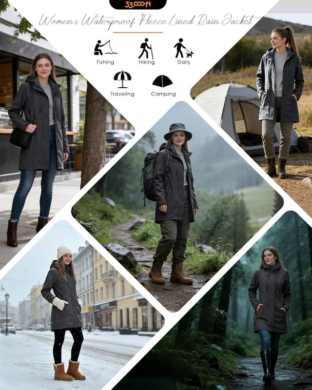 Detalle de 33,000ft women’s softshell jacket with hood — waterproof, windproof and fleece-lined long coat