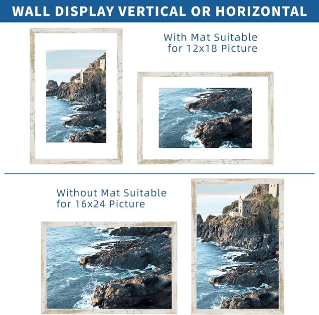 Detalle 2 de Hongkee 16x24 Picture Frame Set of 2 (Distressed White Wood Style) for 12x18 or 16x24 Displays