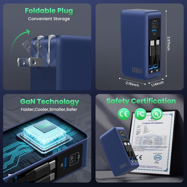 Detalle 2 de 120W USB-C Charger Block with Retractable Cables (4-in-1 GaN IV) — PD 65W Laptop Adapter Wall Charger Station, Dark Blue