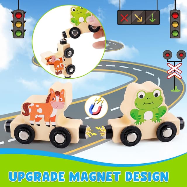 Detalle de Montessori Wooden Train Toy with 12 Magnetic Animals & Game Map (for ages 1–3) in a storage box