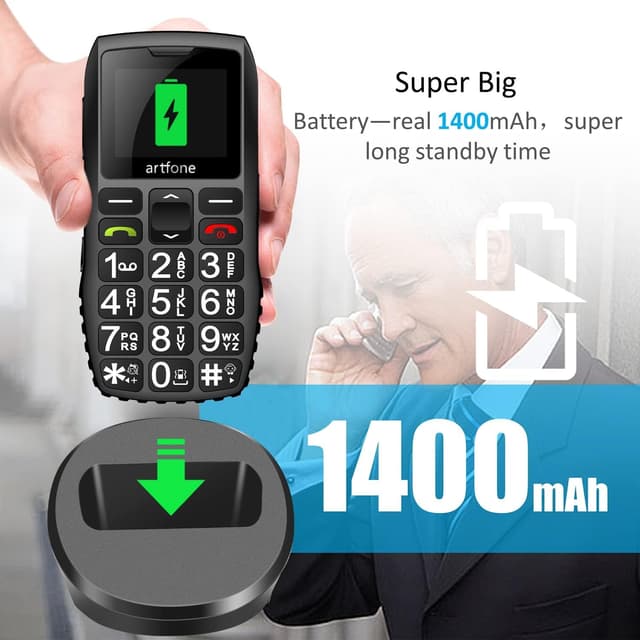 Detalle de Artfone C1+ Seniorenhandy ohne Vertrag (Nano SIM, Notruftaste, Ladestation, 1.800-mAh-Akku)