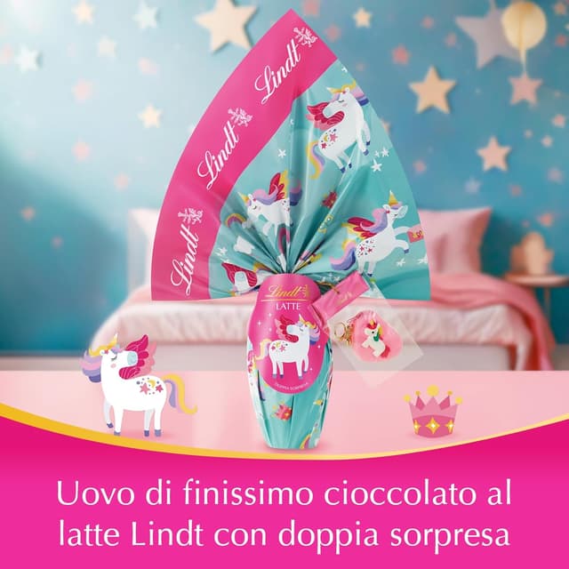 Detalle de Uovo di Pasqua Lindt 2026 per bambini al cioccolato al latte con doppia sorpresa Unicorni, 240 g