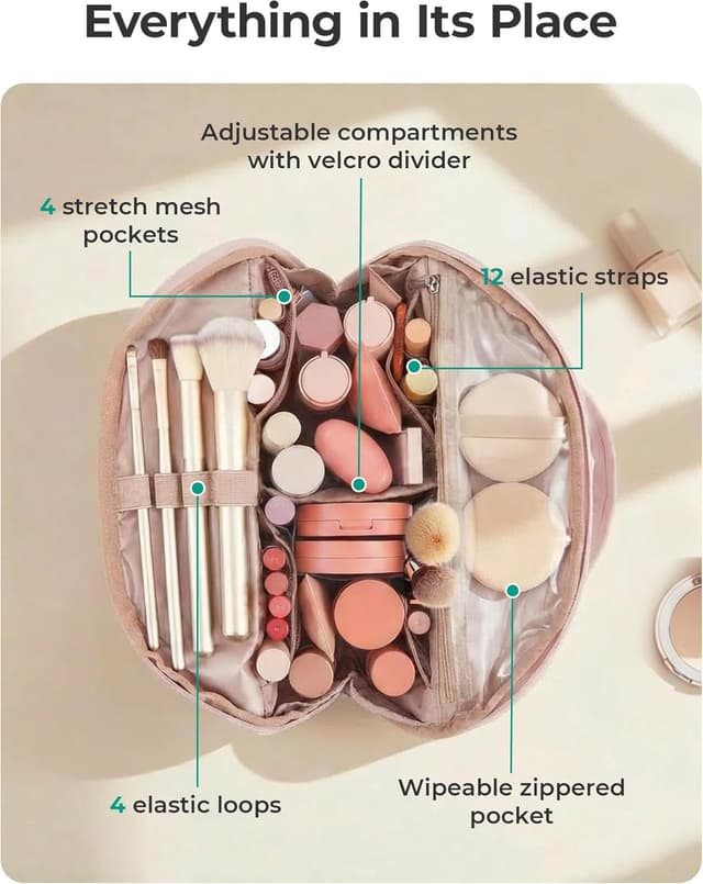 Detalle de BAGSMART Travel Makeup Bag – Flat Lay, Wide Opening Pouch for Brushes & Toiletries (Black)