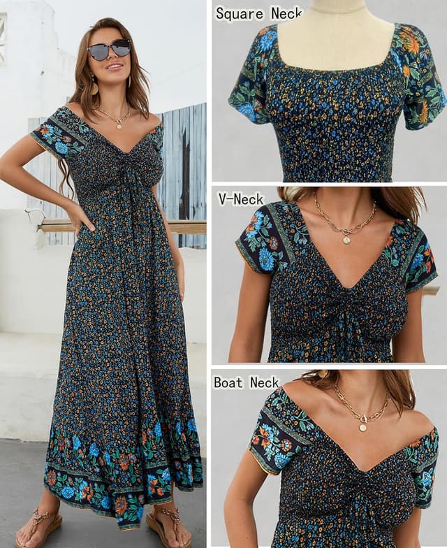Detalle de Summer Floral Smocked Maxi Dress for Women (2026) – Rayon Boho Tiered A-Line Beach & Party Dress