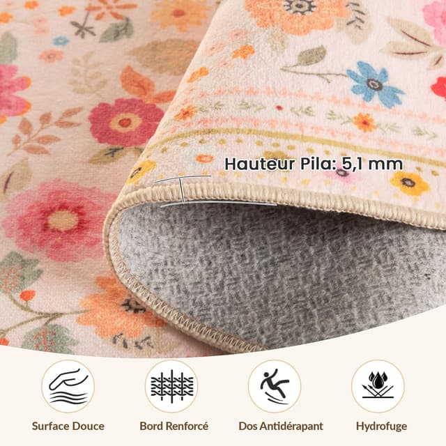 Detalle 2 de INOVADAY Tapis lavable 120x180 cm Style bohème à poils courts, antidérapant imprimé floral (rose/beige)