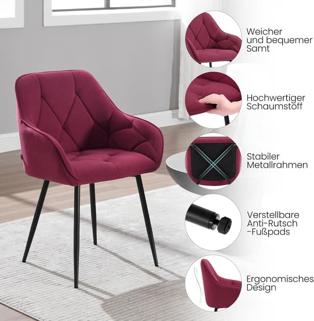 Detalle 2 de WOLTU Esszimmerstühle im 2er-Set mit Armlehnen, Bordeaux – gepolsterte Samtsitzfläche