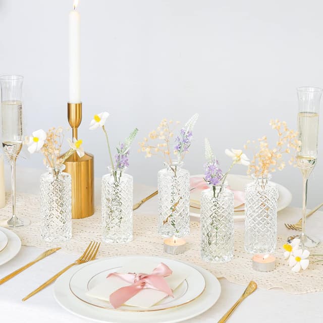 Detalle de Lot de 6 mini vases en verre ComSaf (5 × 13 cm) – vases transparents motif diamant pour fleurs décoratives