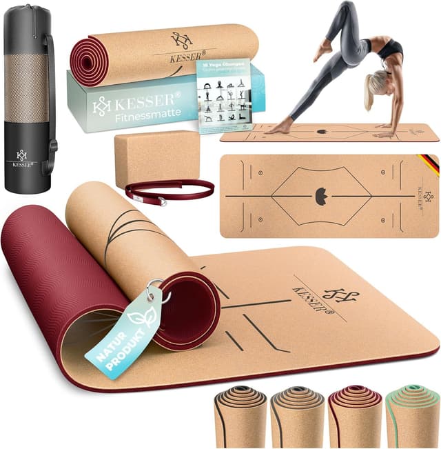 Detalle de KESSER® Yogamatte Kork inkl. Tragegurt, Tasche & Block – rutschfeste Trainingsmatte (183 x 62 cm)