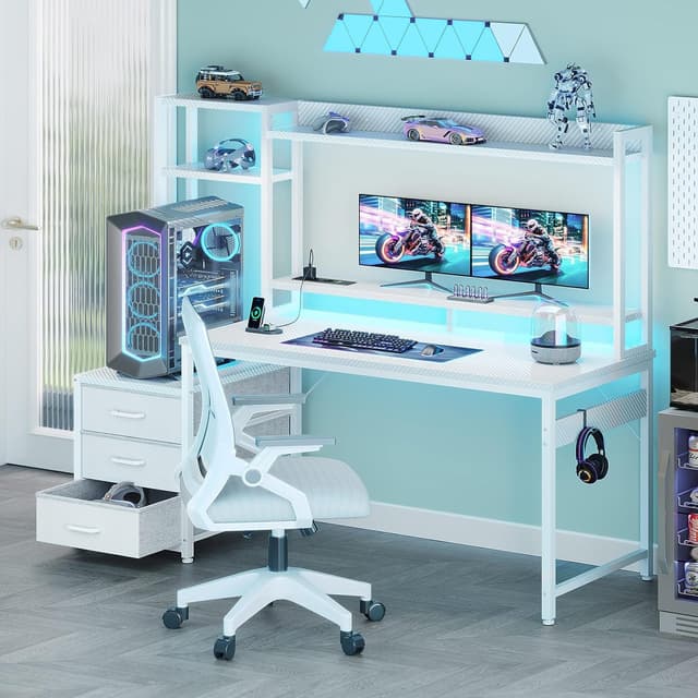 Thumbnail 6 de Coleshome Scrivania Gaming con libreria e cassetti, LED e presa integrata, 137×48 cm (fibra di carbonio bianco)