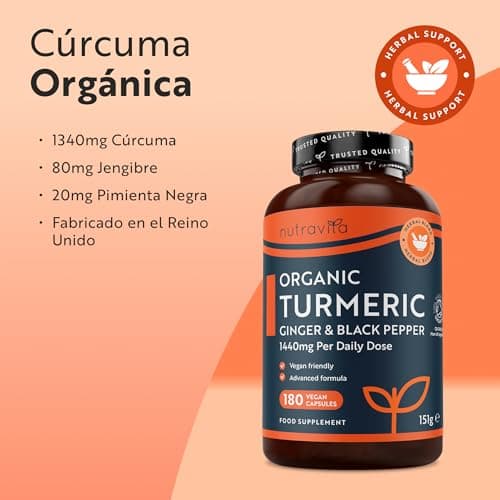 Detalle de Nutravita Cúrcuma Orgánica con Jengibre y Pimienta Negra (extracto de curcumina) – 180 cápsulas veganas